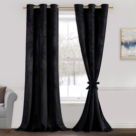 JIUZHEN Black Velvet Curtains 120 inches Blackout Curtains for Living Room - Privacy Protect Room Darkening Grommet Thick Velvet Window Drapes for Bedroom, Set of 2 with Tiebacks, 42W x 120L