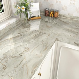 Skyblur Peel and Stick Wallpaper Glossy Marble Countertop Beige Gold Liquid Marble Contact Paper for Countertops 15.7"X78.8" Waterproof Vinyl Counter Top Contact Paper for Bathroom Cabinets Desktop