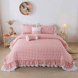 FADFAY Pink Grid Duvet Cover Set Girls Princess Bedding, 100% Cotton Super Soft Breathable Checked Comforter Cover Ruffle Bed Skirt 18 inch Drop Ruffle Lace Bedding All-Season (4Pcs, Twin)
