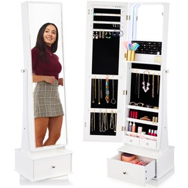 Best Choice Products Best Choice Products 360 Swivel Mirrored Jewelry Cabinet, Standing Armoire, Makeup Storage Organizer, w/LED-lit Mirror, 3 Shelves - White