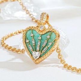 Fettero Gold Necklace for Women, 14K Gold Plated Heart Charm Necklaces for Women Double Sided Pendant Heart Necklace for Valentines' Day Jewelry