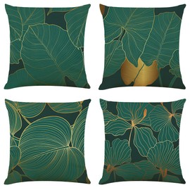 Niulaa Cushion Cover 50 x 50 cm, Set of 4, Dark Green Gold Decorative Cushion Cover, Natural Country House Style, Decorative Sofa Cushion, Linen Cushion Covers with Motif for Sofa, Couch, Living Room