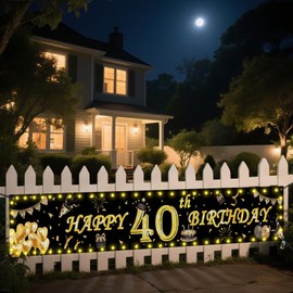 Seutgjie Decorative 40th Birthday Banner with LED Light Strip for Women Men 40 x 270 cm Background Decoration Gold Black