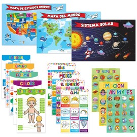 Edulok Learn Spanish Educational Posters for Toddlers, Preschool Learning Posters, Alphabet Numbers Posters for Classroom Wall Decorations, Kindergarten Classroom Must Haves, Home School Essentials