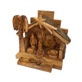 Olive Wood Nativity Set Bark Roof Stable w/ Holy Land Certificate