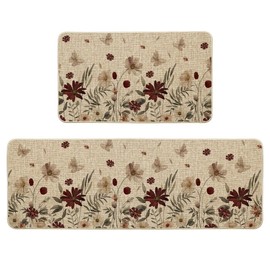 Artoid Mode Black Wildflower Leaves Floral Welcome Fall Kitchen Mats Set of 2, Autumn Home Decor Low-Profile Kitchen Rugs for Floor - 17x29 and 17x47 Inch
