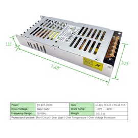 G-erengy JPS200PV5.0-A1 Ultra Thin Power Supply 200W 100-240V Indoor AC to DC 5V40A Low Voltage Power Converter Transformer for Led Display Screen Led Lights LED Strip Pixel