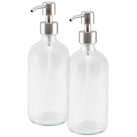 Cornucopia Brands 16-Ounce Clear Glass Bottles w/Stainless Steel Pumps (2 Pack), Soap Dispenser Great for Essential Oils, Lotions, Liquid Soaps