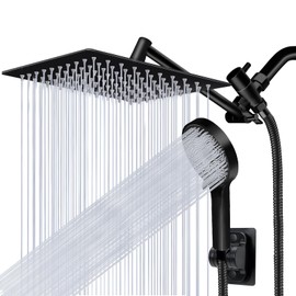 Shower Head,10”Rain Shower Head with Handheld Spray Combo with 11'' Angle Adjustable Extension Arm/Flow Regulator/Shower System,High Pressure Rainfall Shower Head Clean Bathroom,Matt Black