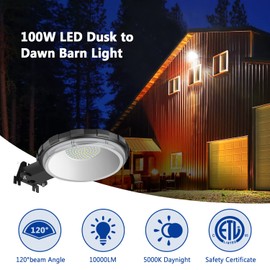 Karjoefar LED Barn Light, Dusk to Dawn Outdoor Lighting with 100W 10000LM 5000K Daylight, IP65 Waterproof Outdoor Security Flood Lights for Garage Yard Street Warehouse Use