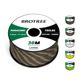 BROTREE Paracord 750lb 4.2mm 30M 100% Nylon Rope 11 Strands Parachute Cord Type IV for Survival, Outdoor and DIY - 340kg Breaking Load (Forest Camo)