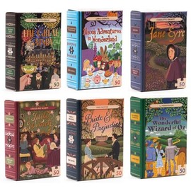 Set of 6 Mini Jigsaw Library Books Puzzle in a Matchbox - 50 piece. Assorted famous books - great travel size entertainment, wedding favour or Christmas Cracker Filler