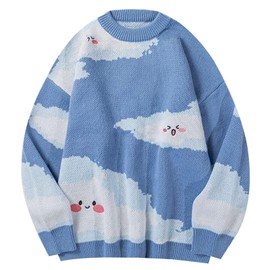 Yimoon Men Sweaters Oversized Graphic Casual Cable Knitted Jumper Pullover Cute Unisex Crewneck Retro Couple Tops (D-Blue-L)