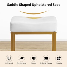 FLYZC Saddle Seat Vanity Stool, Makeup Stool Chair with Metal Leg, U-Shaped PU Leather Ottoman Foot Rest, Small Square Chairs Under Desk for Vanity, Living Room, Modern Makeup Bench White&Gold
