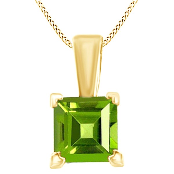 AFFY Princess Shape Solitaire Simulated Peridot Pendant Necklace in 14k