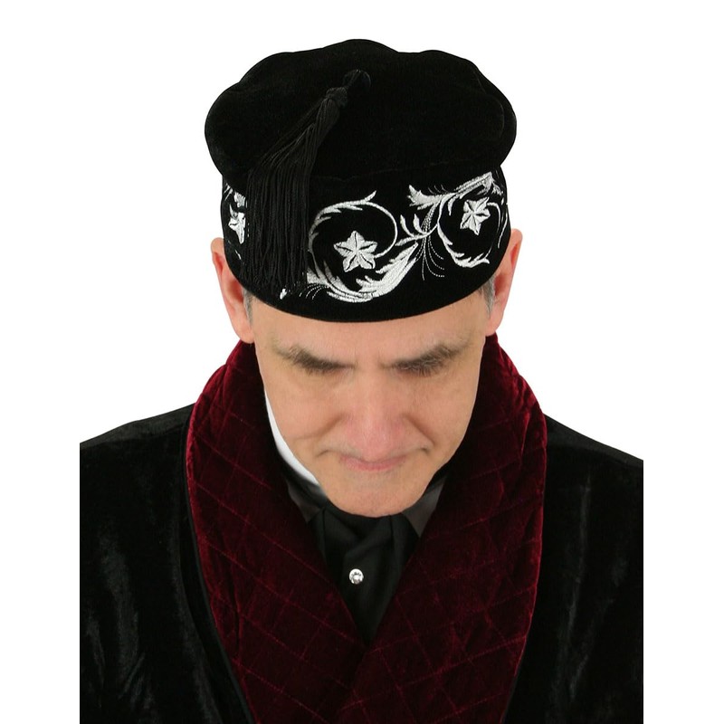 Historical Emporium Men's Deluxe Plush Velvet Embroidered Smoking Cap XL