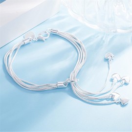 LRGKMCWTOB Fashion Multi Layered Silver Snake Chain Bracelet for Women, 925 Sterling Silver Heart Shaped Chain Tassel Bracelets, Hand Wrist Chain with Lobster Clasp Charm Jewelry for Birthday