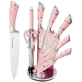Juego de cuchillos de cocina de 9 piezas, con filo y antiadherentes, incluye soporte y afilador, cuchillos de chef de acero inoxidable para cortar, picar y rebanar, rosa