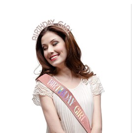 ZHOUHON Birthday Headpiece, Birthday Sash, Girls Crystal Tiara, Girls Birthday Party Decorations Set (Pink-Gold)