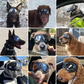 PETLESO Large Dog Goggles, Windproof Snowproof Anti-UV Dog Sunglasses for Medium to Large Breed Eye Protection, Soft Frame with Adjustable Straps, Black