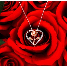 Klurent Rose Necklace for Women, Christmas Necklace with Gift Box, Rose Gold Flower Silver Heart Pendant Unique Necklaces Gift for Wife, Mom, Girlfriend on Christmas, Birthday, Anniversary