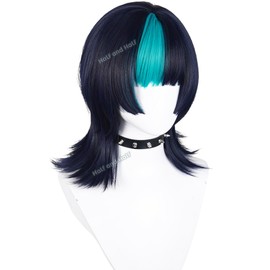 Blue Black and Peacock Blue Anime Cosplay Wig with Bangs + Bolt Choker