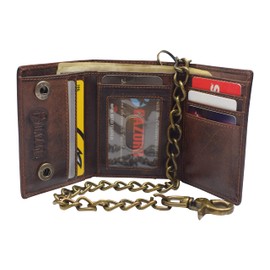 CAZORO RFID Blocking Men's Tri-fold Vintage Biker Vintage Buffalo Leather Steel Chain Wallet Snap closure (Brown)