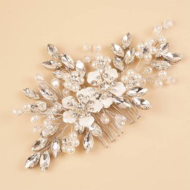 Teyglen Crystal Bride Wedding Hair Comb Vintage Flower Rhinestones Side Comb Shiny Silver Hair Pieces Headpieces with Pearl Bridal Hair Accessories for Women Bride Girl(Silver)