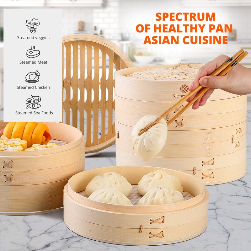 KITCHENCRUST Bamboo Steamer Basket for Chinese Asian Cuisine - 2