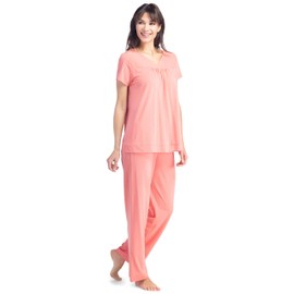 Fishers Finery Women's Sleepwear Set; Short Sleeve; Pant; Relaxed Fit (Coral, L)