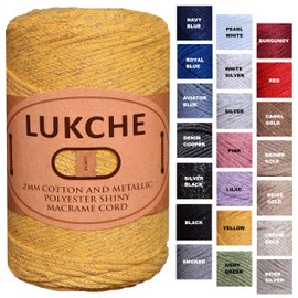 Lukche Cotton and Polyester Macrame Cord 3mm 224 Yards, 75% Cotton, 25% Metallic Polyester, Colored Macrame Cord Crochet Macrame Bag Craft for Wall Hangers, Bags, Bottom Plates, Carpets (Yellow)