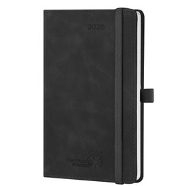 POPRUN Weekly Agenda 2026 Pocket Size Planner (4" x 6.25") 12 Months Calendar Notebook with Horizontal Layout, Leather Soft Cover, Inner Pocket, 100GSM Thick Paper, Pen Holder - Black