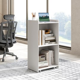 Tangkula Rolling Podium Stand, Mobile Lectern Stand with 2 Shelves & Lockable Wheels, Pulpits for Churches, Hostess Stand with Edge Stopper, Standing Lectern Desk for Meeting Room, School (White)