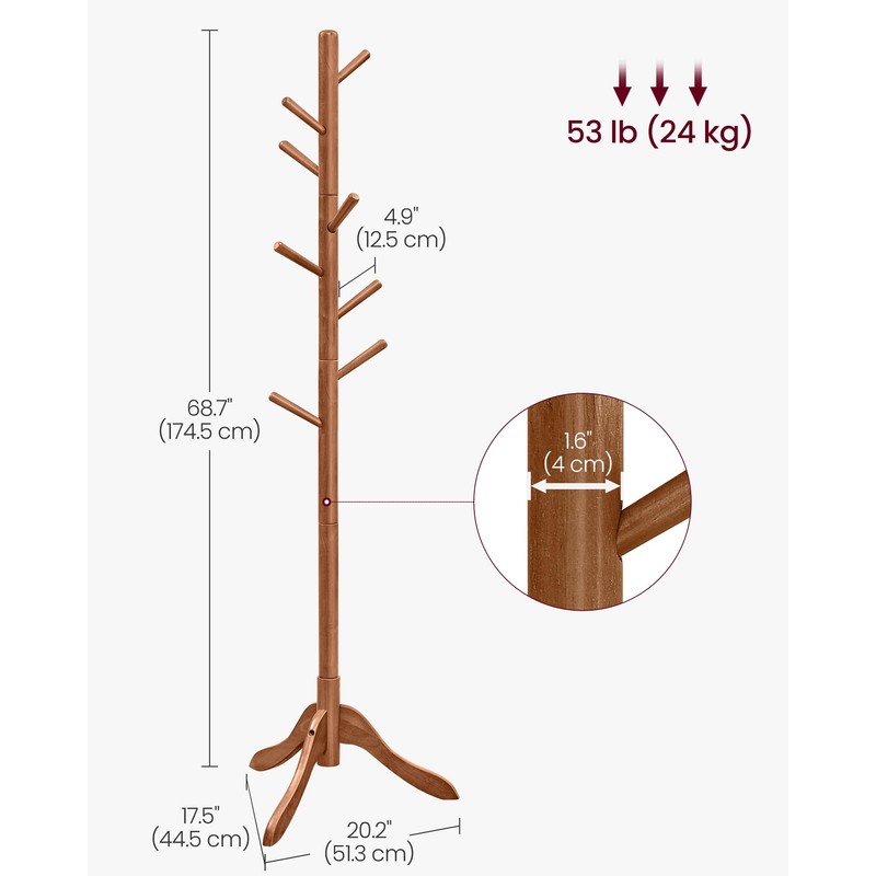 VASAGLE Solid Wood Coat Rack, Free Standing Tree-Shaped Coat Rack
