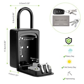 Philorn Key Lock Box with Shackle Portable Key Safe with Number Code Outside Resettable Code Weatherproof Hanging & Wall Mount Top Security Ultra Robust 4-Digit Key Box, black