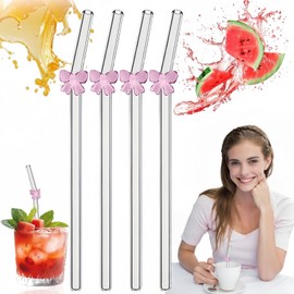 4PCS Glass Straws Dri/nking,Reusable Straws with Pink Butterfly Design,Glass Straws with Charms,Reusable Short Gl/Ass Str/aws Dr/Inking,4PCS Reu/Sable Be/nt Str/aws with Cleaning Brush (1)