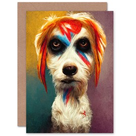 Artery8 Bow Wow Bowie Aladdin Sane Dog Lover for Him or Her Man Woman Birthday Thank You Congratulations Blank Art Greeting Card