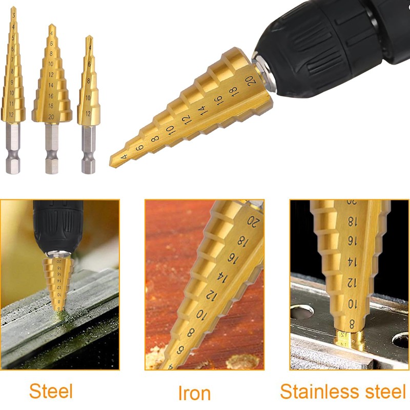 CeyMlem 3-Piece Step Drill Bit Set, Step Drill Bit with