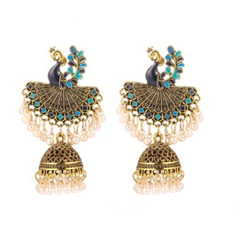 Pearl Jhumka Bell Beaded Peacock Indian Stud Large Dangle Earrings for Women Girls Fashion Bohemian Vintage Animal Studs Exaggerate Unique Dangling Traditional Jewelry Party Birthday Gifts (Blue)