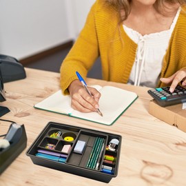 XUDAUP 2Pack Desk Organizer Tray Junk Drawers Plastic Desktop Storage with Sliding Top Trays Perfect for Office Home School,Black