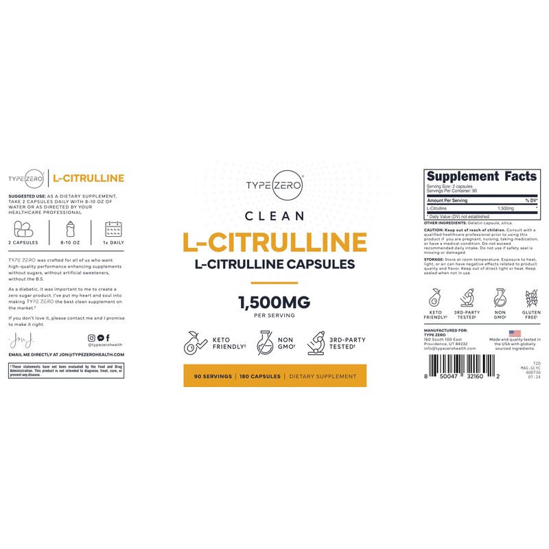Type Zero L-Citrulline Capsules (180 Capsules) (1500 mg per Serving)