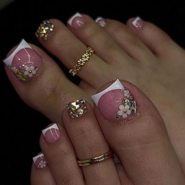 Press on Toenails Short Square Toe Nail Press ons White French Tip Fake Toe Nails with 3D Flower Rhinestones Designs Pink Toenail Press ons Cute False Toenails Stick on Toenails for Women 24Pcs