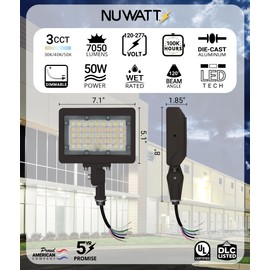 NUWATT 50W LED Flood Light, 3CCT 3000K/4000K/5000K Selectable, IP65 Waterproof Lighting, Adjustable Knuckle Mount, 7050LM, 0-10V Dimmable, 120-277V, Outdoor Security Floodlight for Yard, Bronze, UL