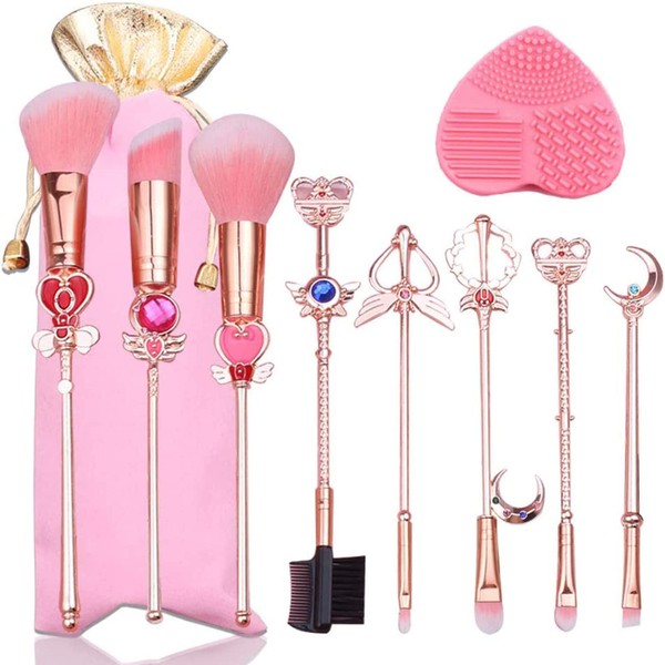 10pcs Sailor Moon Makeup Brushes Set, Kawaii Cosmetic Brushes Pink Make up Brushes Basic Set with Brush Cleaning Mat and Pink Bag Novelty Gift for Girl Women