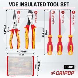 CRIPOP 5 PCS Insulated Screwdriver & Pliers Set, 1000V Insulated Electrician Tool Kit with Phillips/Slotted/Square Screwdrivers, Linesmen's/Diagonal Pliers and Storage Case