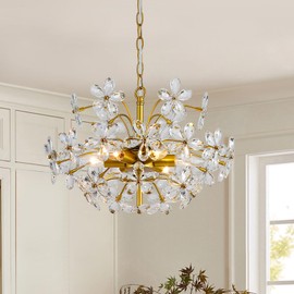 3WWWUEE 6-Light Gold Flower Crystal Chandelier 18'' Hanging Light Fixture with Height Adjustable Chain Farmhouse Chandelier for Dining Room, Living Room, Kitchen, Bedroom, Entryway, E12 Base (AJ9011)