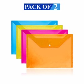 AZEEZ Popper Wallet A4 Document Plastic Wallets with Press Stud File Folder Envelopes Suitable for Home Travel School Office Stationary Paper Filing Assorted Colors 22.6cm X 32cm (Pack of 2)