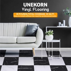 Peel and Stick Floor Vinyl Tiles, Waterproof Self-Adhesive Vinyl Flooring, Bathroom Floor Tiles for Kitchen, Living Room, Office, Easy DIY Installation, 12"x12"x0.1", 30-Pack, Durable and Stylish