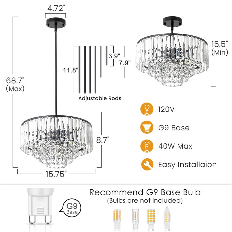 Helitemis Modern Tiered Crystal Chandelier, Black Modern Pendant Light with