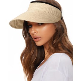 FURTALK Sun Straw Visor for Women Summer Packable Ponytail Beach UPF 50+ Hat for Travel Beige